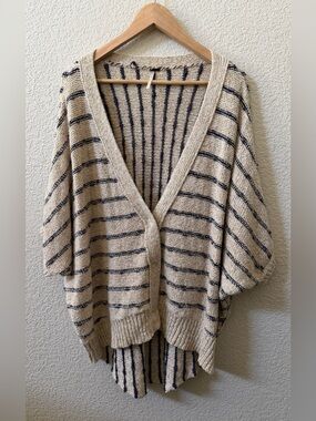 Free People Size Small Knit Stripe Slouchy Cardigan Oatmeal Navy Stripe